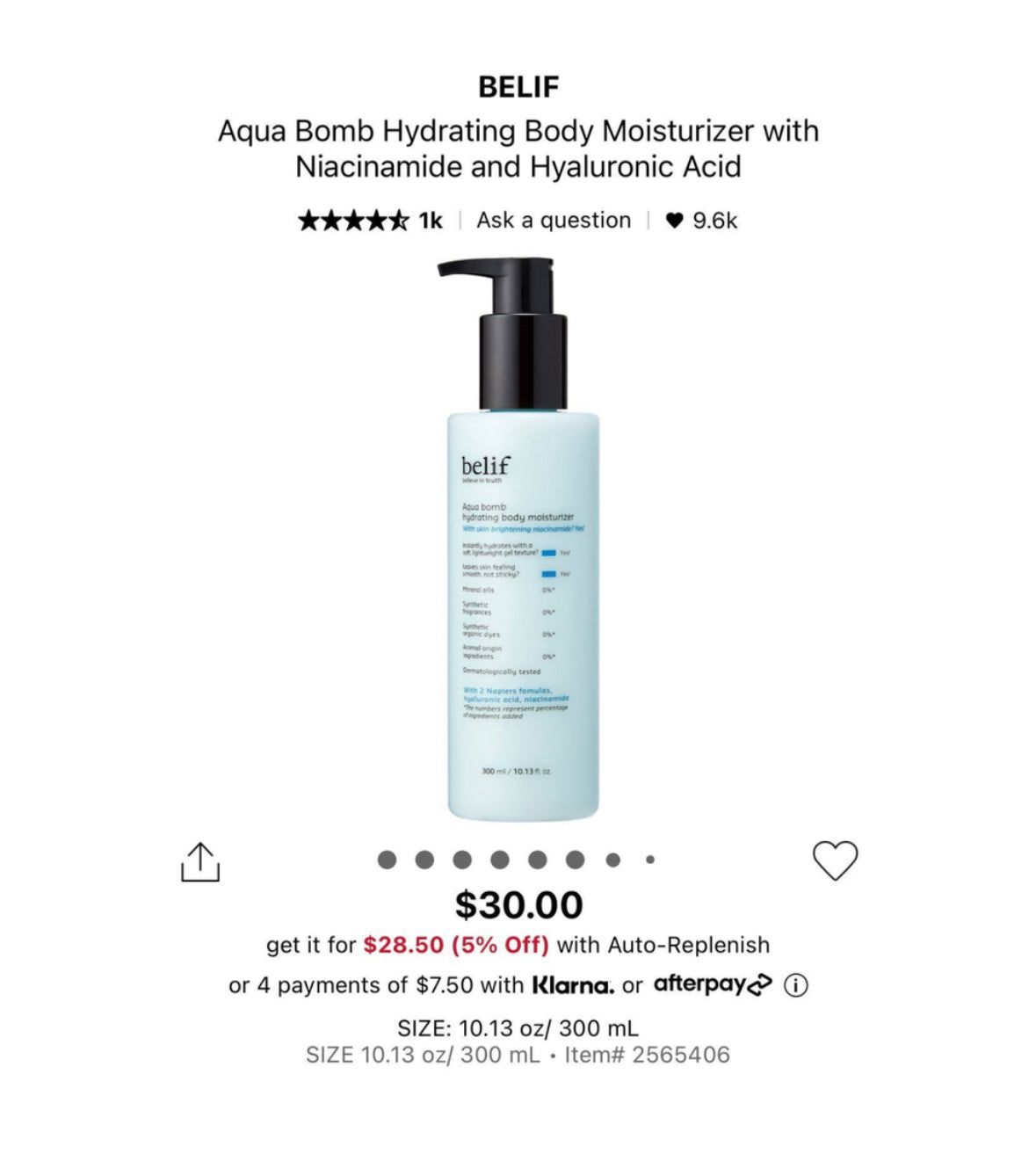 BELIF Aqua Bomb Hydrating Body Moisturizer with Niacinamide and Hyaluronic Acid