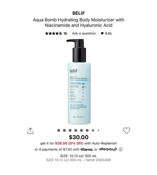 BELIF Aqua Bomb Hydrating Body Moisturizer with Niacinamide and Hyaluronic Acid